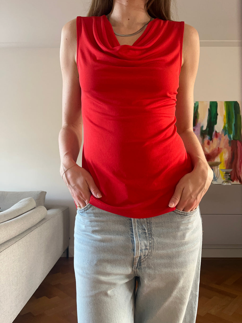 RED DRAPED NECKLINE TOP