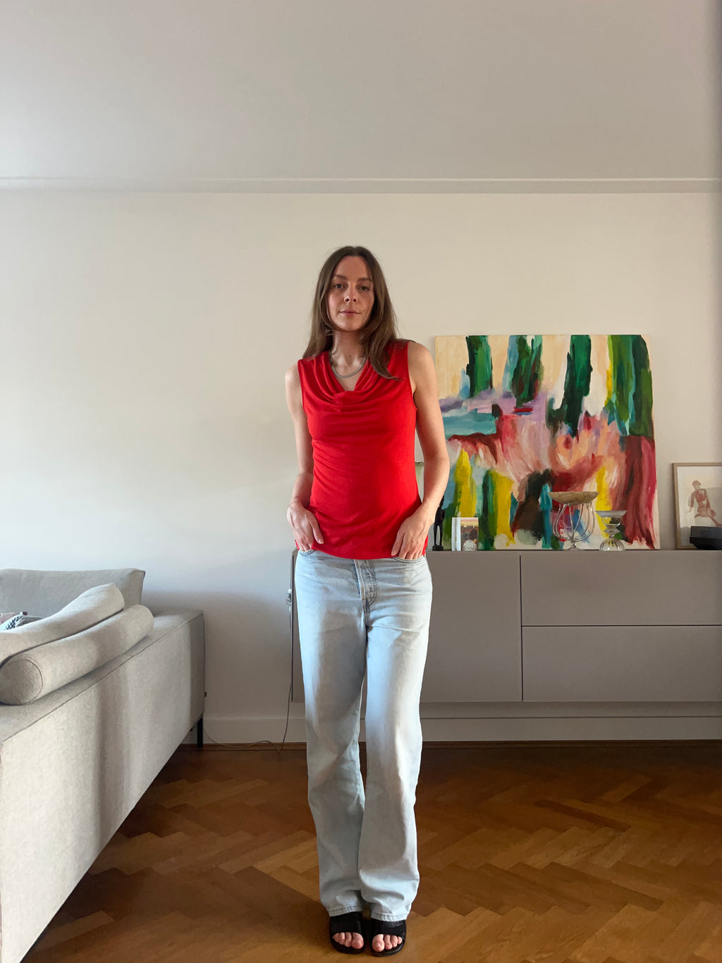 RED DRAPED NECKLINE TOP