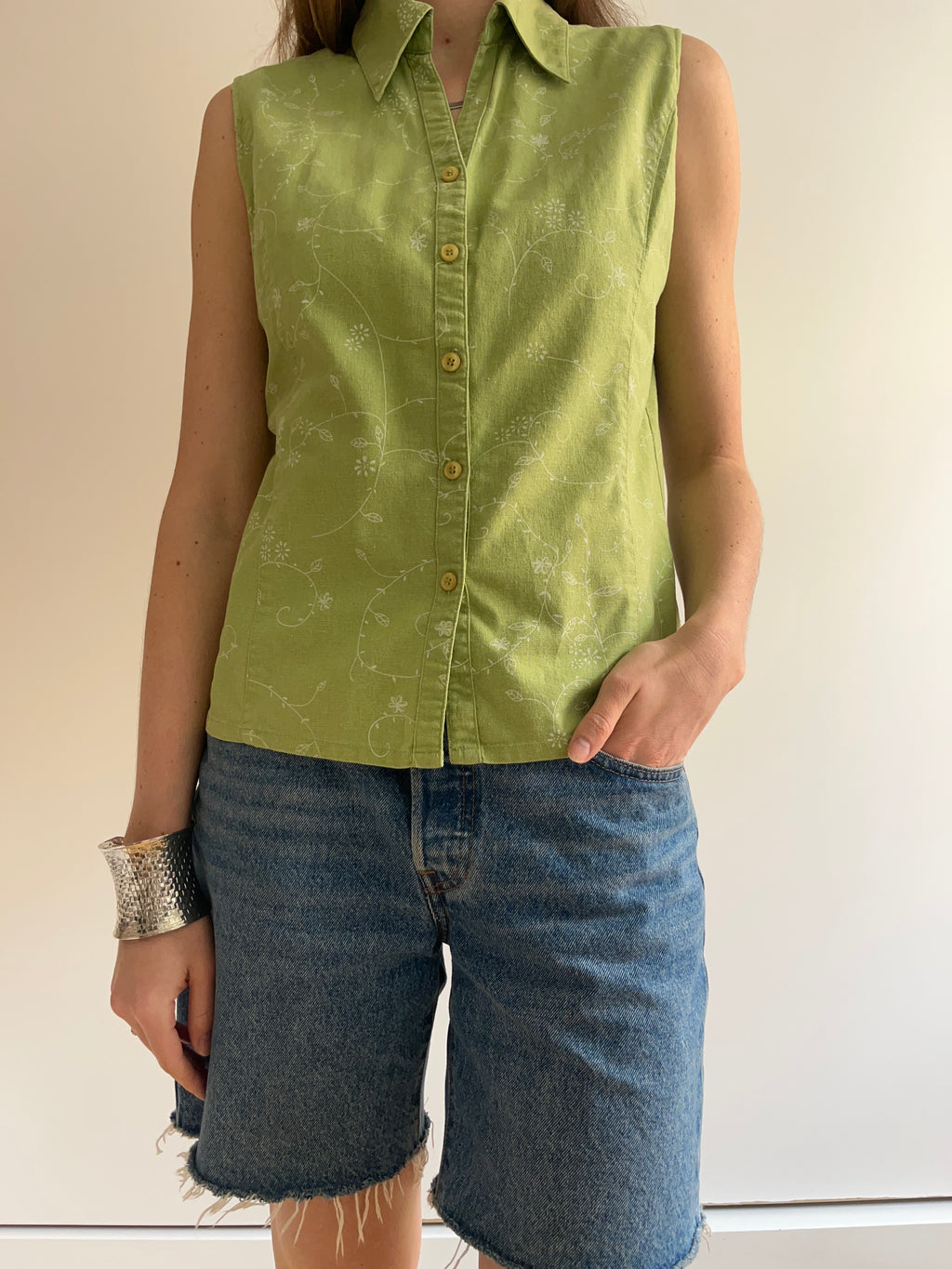 GREEN PRINTED LINEN BLOUSE
