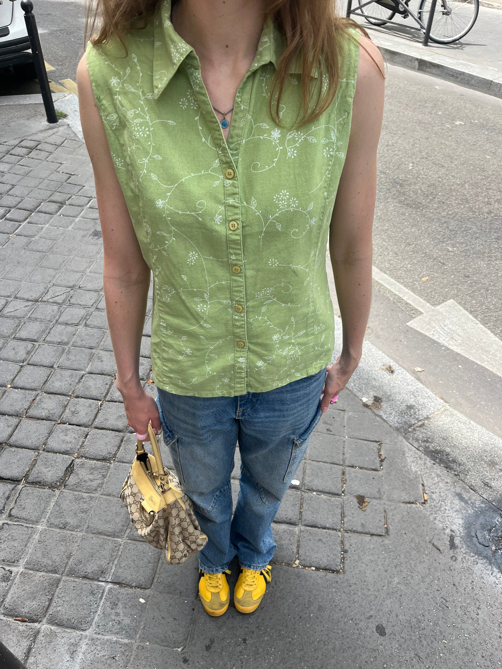 GREEN PRINTED LINEN BLOUSE