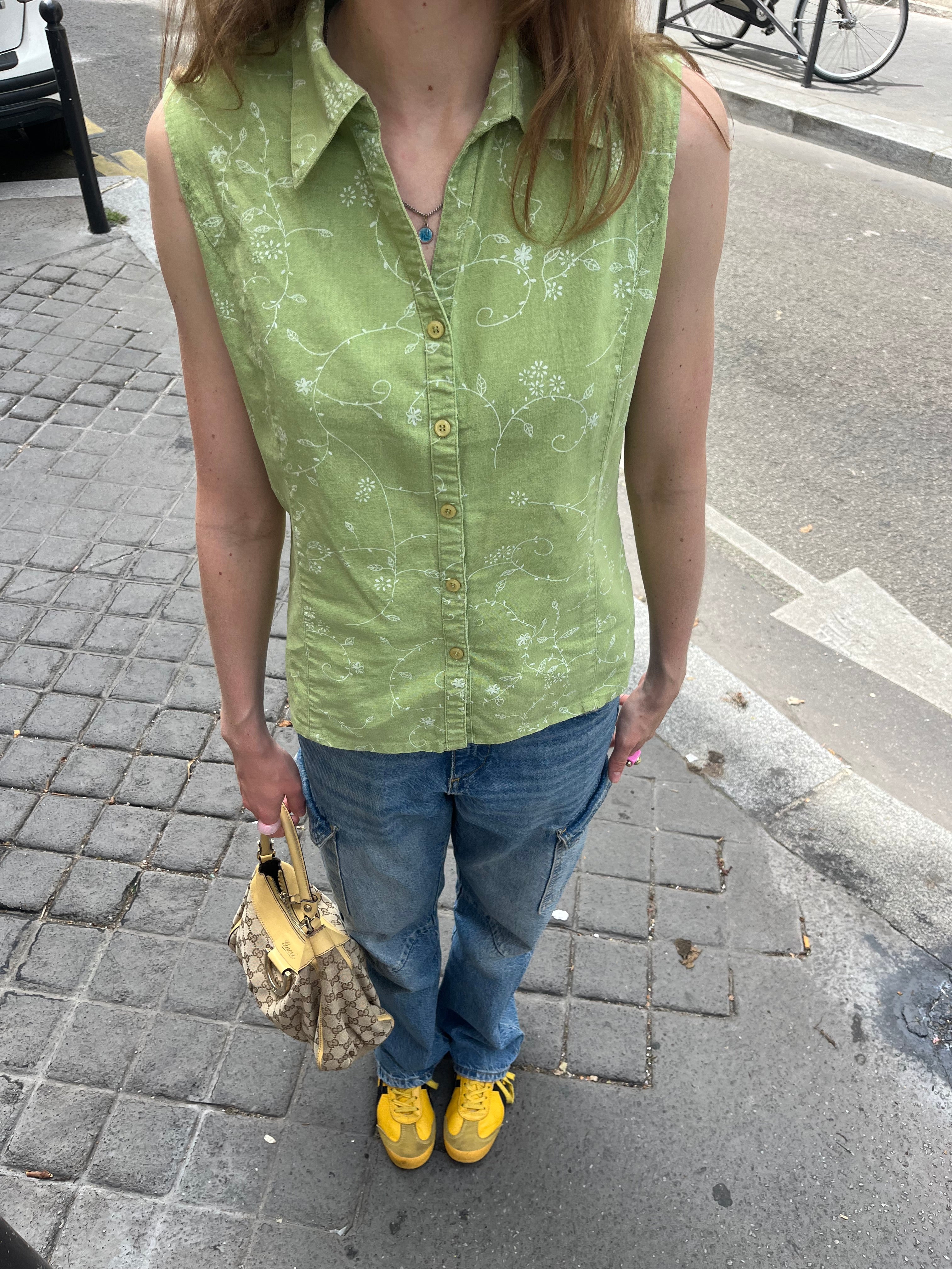 GREEN PRINTED LINEN BLOUSE